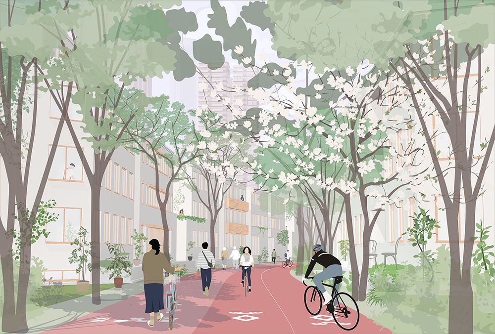 Conceptual image of a compact cycling and walking street inside the proposed new neighbourhood in Seoul. Images by Smart Density. 