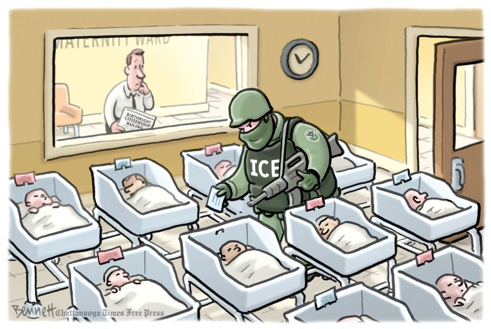 An armed and masked ICE agent roams the hospital room where newborns are housed looking for which ones to deport.