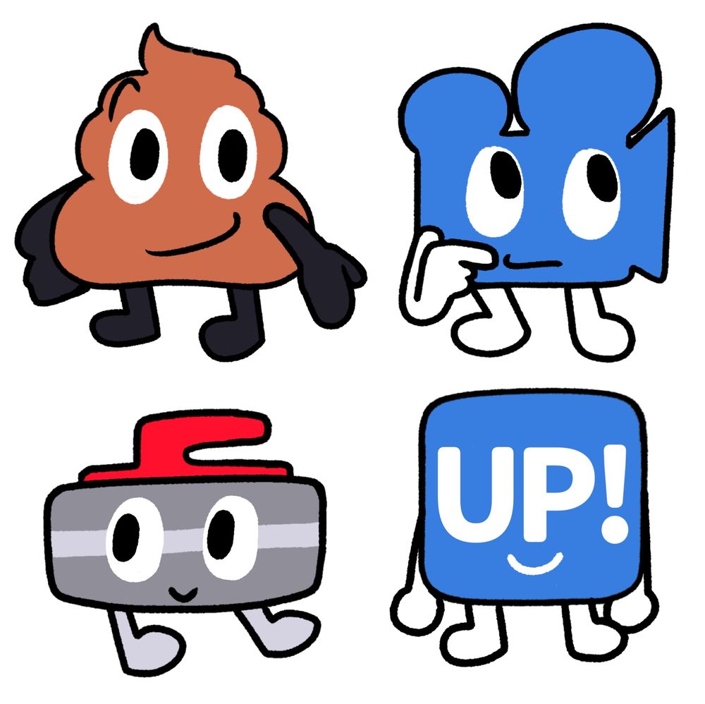 A drawing of four emojebraliens. In the top left is one based on the Poop emoji, outstretching a hand with an interested expression. In the top right is one based on the Cinema emoji, rubbing their chin and looking upwards with a perplexed expression. In the bottom left is one based on the Curling Stone emoji, passively looking towards the left with a smile. In the bottom right is one based on the Up emoji, standing idly with a smile.