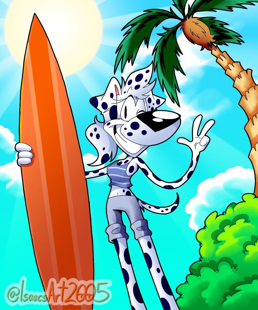 Rebecca standing on a sunny beach, ready to surf!