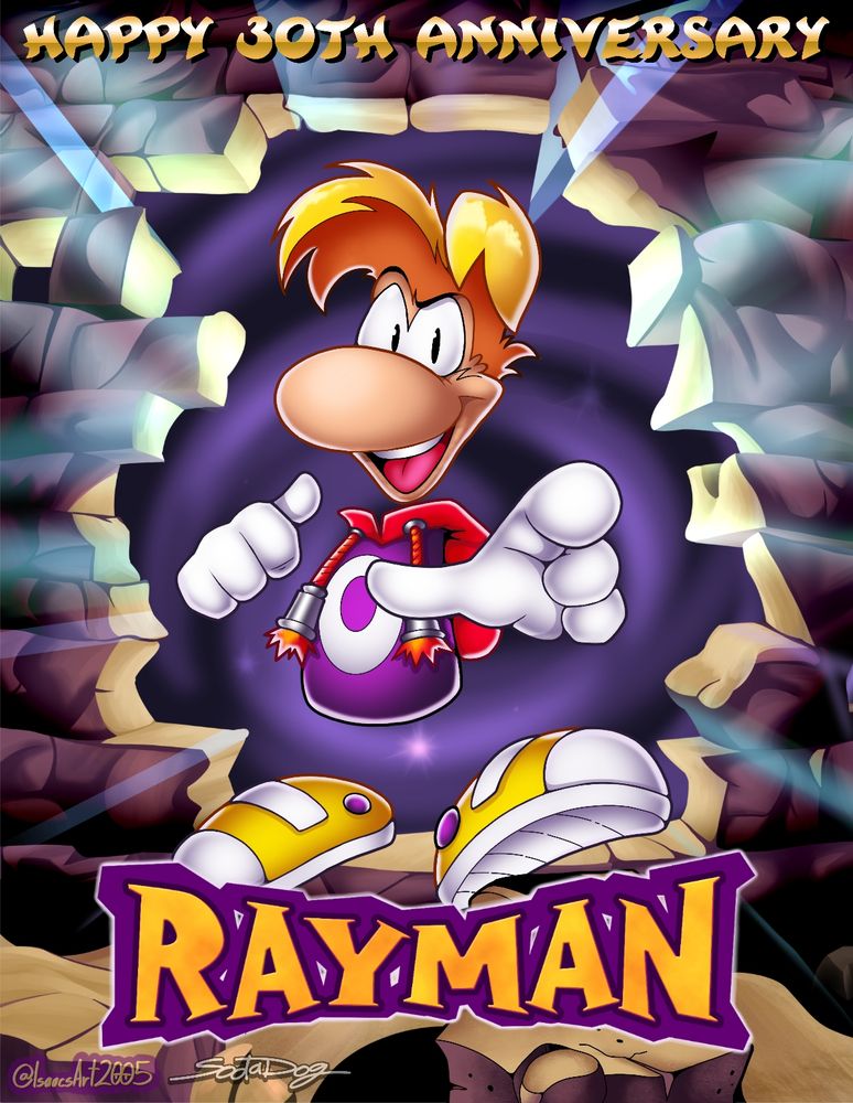 A recreation of the Original Rayman box art, with his modern design