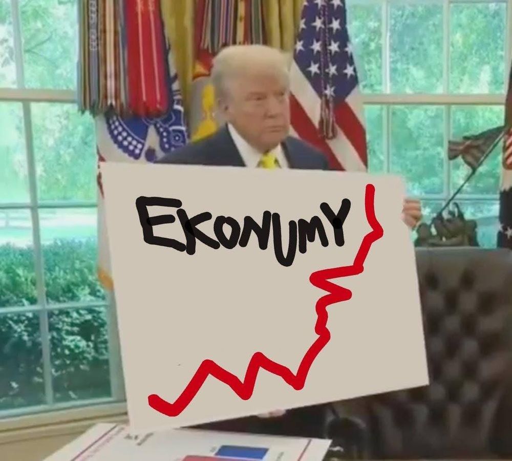 Das President showing a very crudely drawn (joke) chart showing the EKonUmY way, way up!