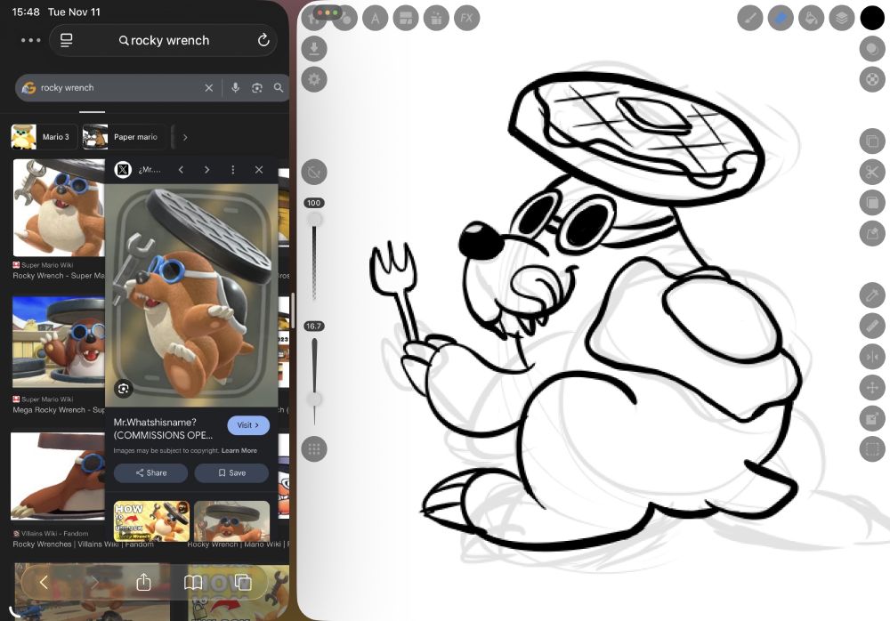 Drawing of Rocky Wrench from Super Mario Bros, the manhole cover on his head replaced with a waffle, the shell on his back replaced with a sunny side up egg, and the wrench in his hand replaced with a fork