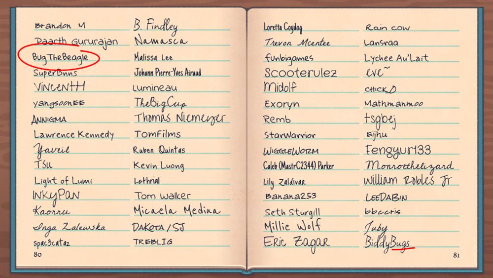 Screenshot of a page in a guestbook in Bits & Bops that lists every Kickstarter backer, my username (BugTheBeagle) circled