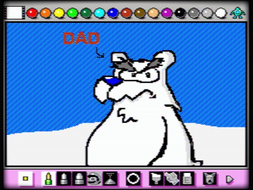 A sillier, quicker drawing of Herbert P. Bear done in Mario Paint. He grumpily looks at the viewer while an arrow labeled "DAD" points directly at him