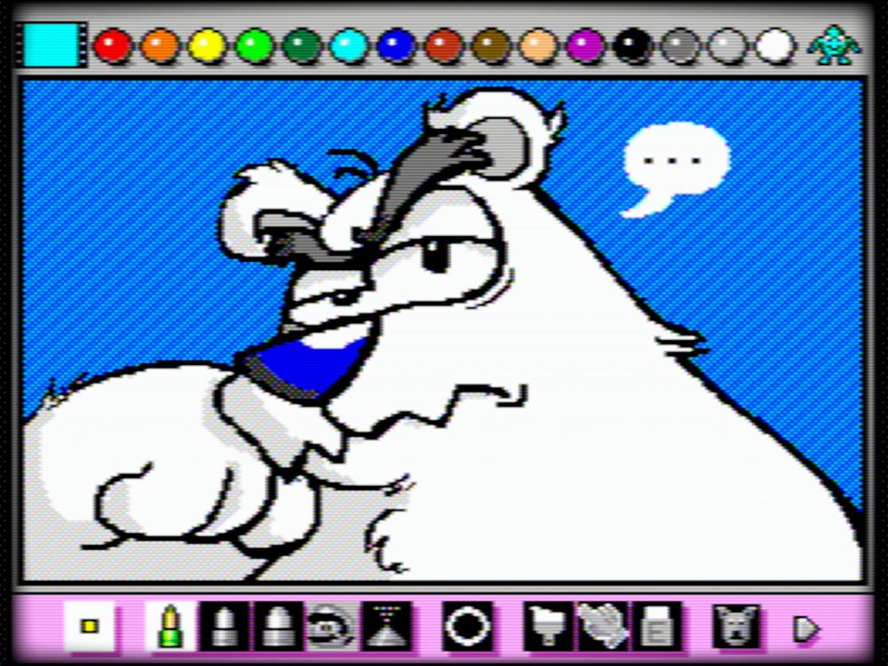 Drawing of Herbert P. Bear done in Mario Paint. He is grumpy and leaning against his hand, and there is a speech bubble that says "..."