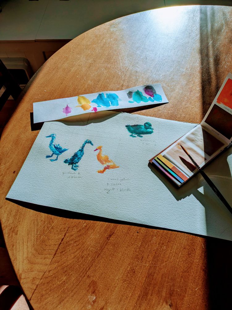 Small watercolor paintings of ducks, with the paint and paintbrush off to the right, with sun shining on the table. 