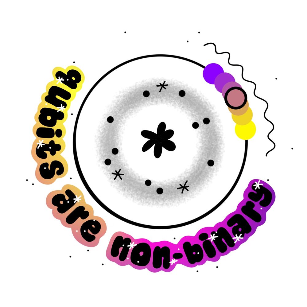 An illustration of an atom, where the orbiting electron is made of a gradient between yellow and purple. The words qubits are non-binary wraps around the atom in the same yellow and purple colors