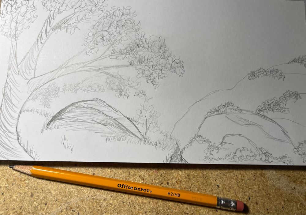 A quick pencil sketch of a landscape, a tree is on the left with a boulder below, with additional trees and hills below