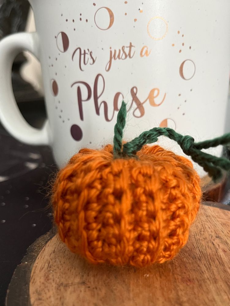 A tiny crocheted pumpkin sitting on a wooden coaster, with a white mug behind it, covered in the moon phases and stars that says “It’s just a phase”