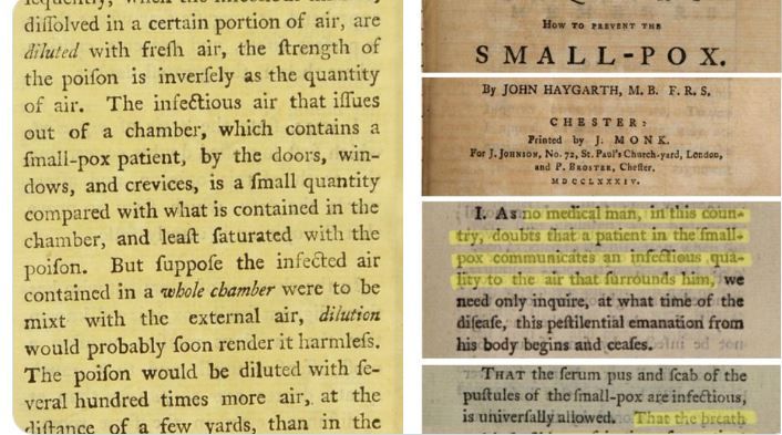 photographs of a medical writing on smallpox dated 1784. "the strength of the poison is inversely as the quantity of air [goes on to describe that there's more pathogen in the sickroom than outside it]" 

"no medical man, in this country, doubts that a patient in the smallpox communicates an infectious quality to the air that surrounds him"