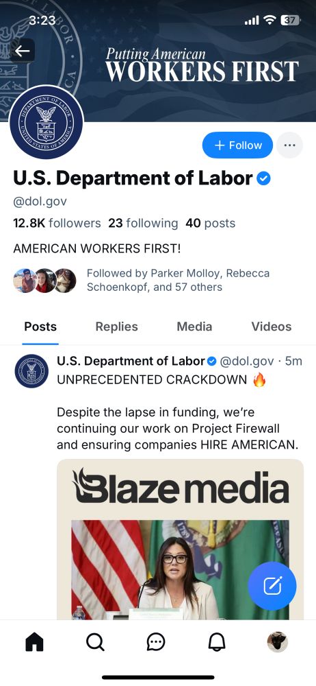 Screenshot of US Dept of Labor account, now verified, posting MAGA propaganda