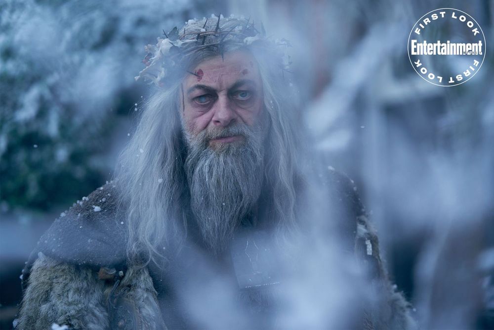 A bearded and long haired Andy Serkis as The Ghost of Christmas Present, standing in a snowy woods.