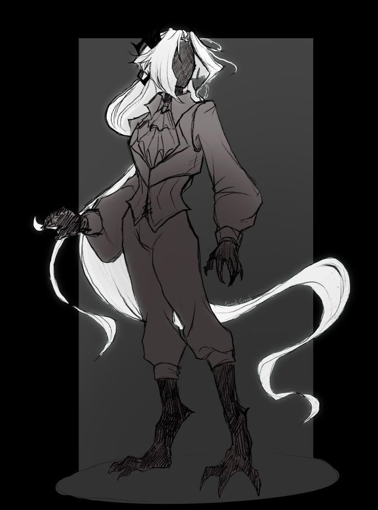 A grayscale illustration of a faceless humanoid monster with long, glowing white hair. They have claws and monster feet and wears fine Victorian-style clothing