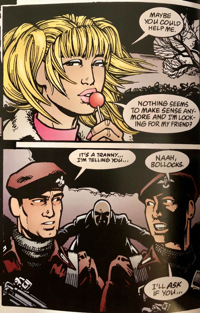 two panels from “the invisibles”. in the top panel, lord fanny is sucking on a lollipop. in the bottom panel, two soldiers debate whether she is trans. the solder on the left thinks yes, and the soldier on the right is willing to take a punt.