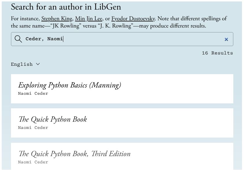 LibGen search showing my Exploring Python Basics and Quick Python Book.