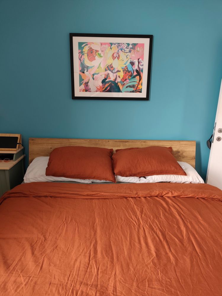 Photo of my bedroom. The bed is covered in an orange duvet. The wall is a medium teal shade with an art print hanging above the headboard.