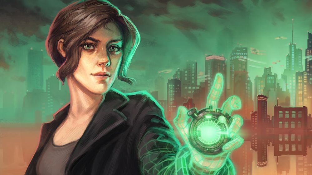 Key art for Old Skies. A white woman with a cute hair flip holds a green time-traveling device.