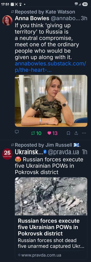 Post 1
If you think 'giving
territory' to Russia is
a neutral compromise,
meet one of the ordinary
people who would be
given up along with 

Post 2
Russian forces execute
five Ukrainian POWs in
Pokrovsk district