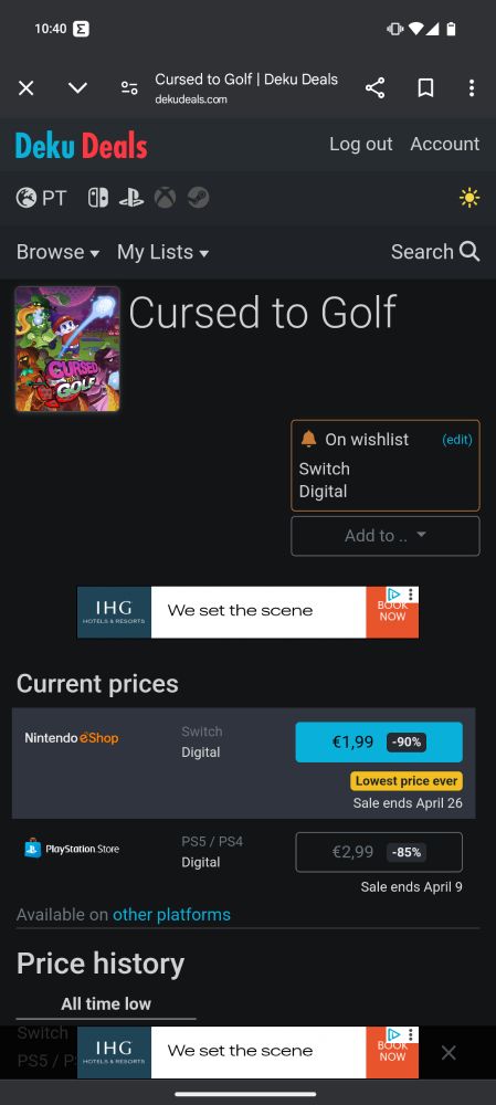 Screenshot of Dekudeals website with Cursed to Golf game on sale