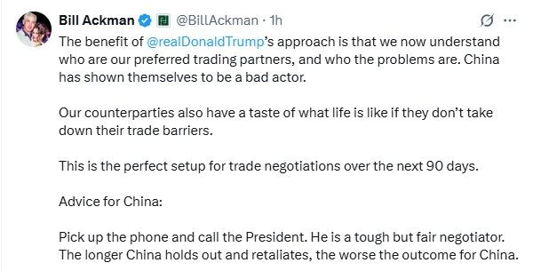 Bill Ackman suggests that tariffs against China will (somehow) only hurt China, and that China should "Pick up the phone and call the President."