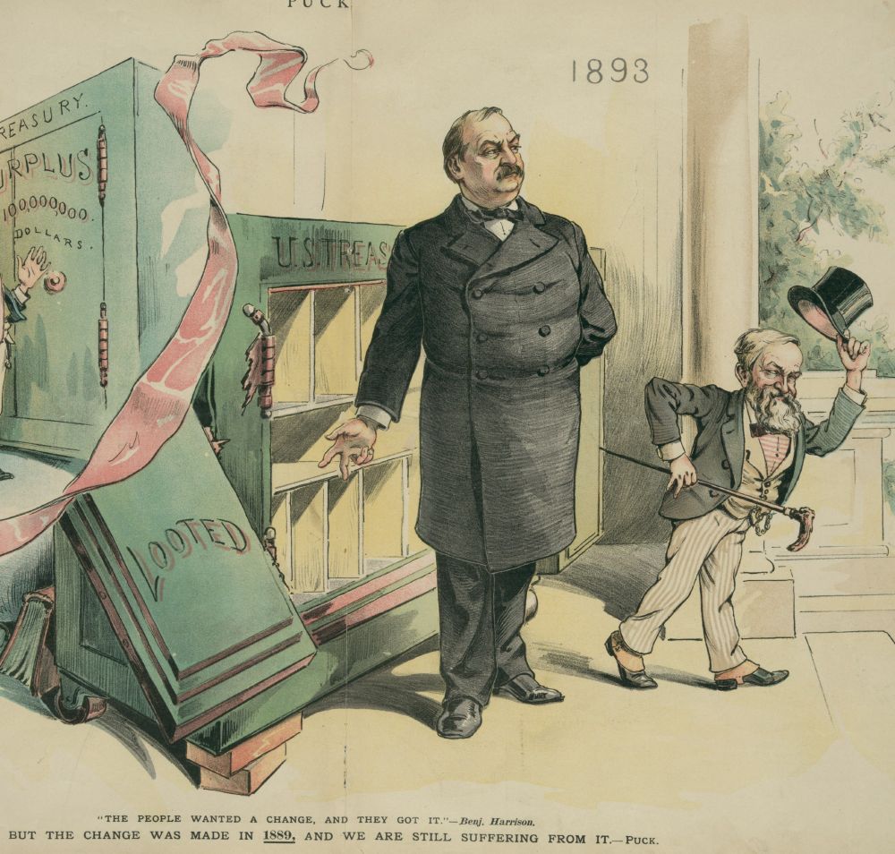 In 1893 Grover Cleveland stands in front of a US Treasury vault that has been looted in President Benjamin Harrison's term (1889-1893) by the tariffs imposed in what has been called the McKinley Tariff of 1890