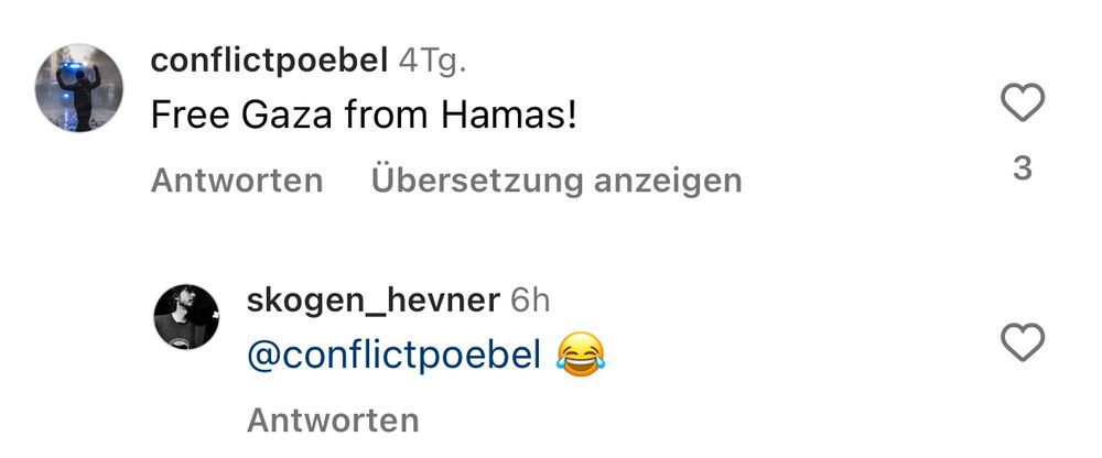 Screenshot von Instagram, wo durch eine Person aus der radikalen Linken in Freiburg auf meinen Kommentar "Free Gaza from Hamas" mit einem Lach-Emoji kommentiert wurde.