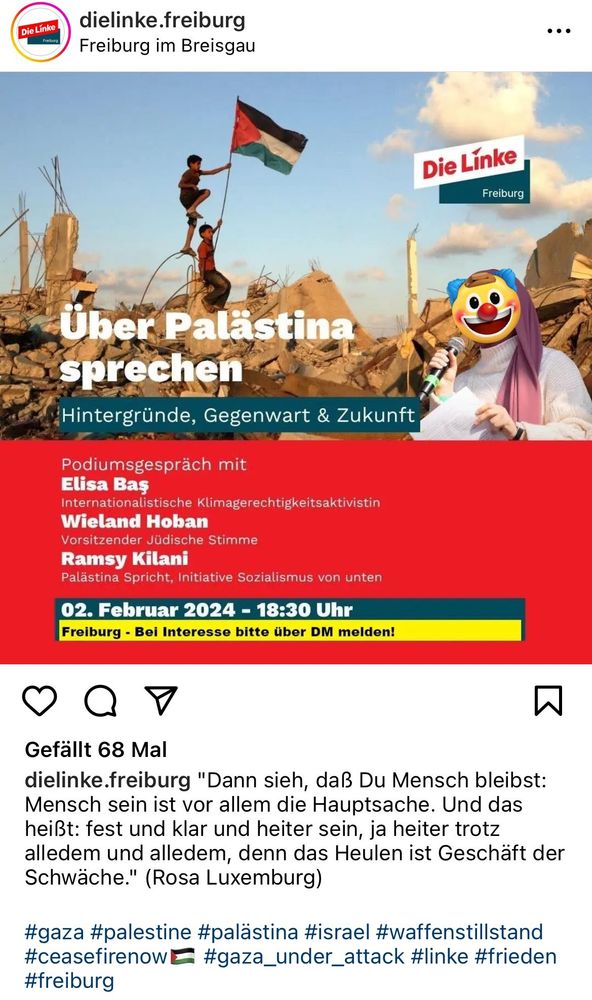 Instagram-Post der Linkspartei Freiburg über die bevorstehende, israelfeindliche Veranstaltung am 2. Februar 2024 um 18:30 Uhr im Linksbüro in der Karlstr. 10 in Freiburg. Der Veranstaltungsort ist geheim gehalten, konnte aber geleaked werden.