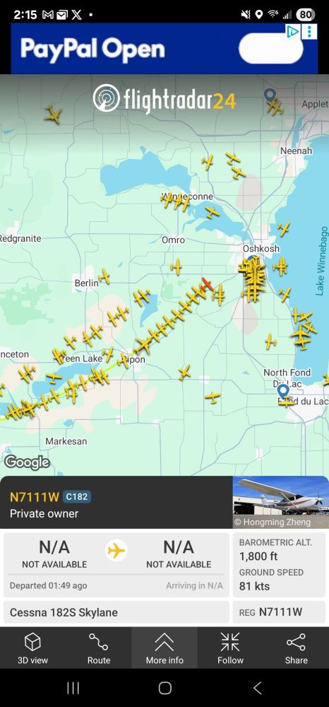 Flight radar map of many, many planes flying toward and landing at KOSH - the world's busiest airport this week in Oshkosh, Wisconsin for the Experimental Aircraft Association fly-in. 700,000 people and tens of thousands of planes will attend.