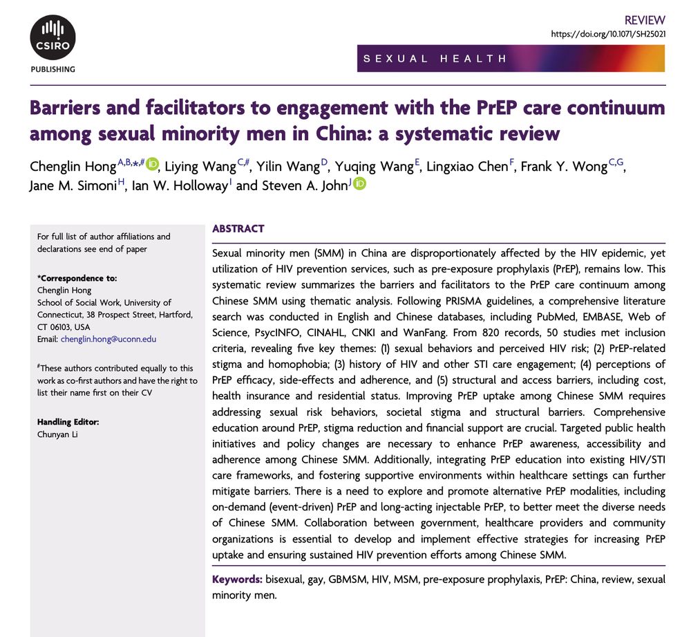 Image of first page from journal article mentioned and linked in post, Barriers and facilitators to engagement with the PrEP care continuum among sexual minority men in China: a systematic review.