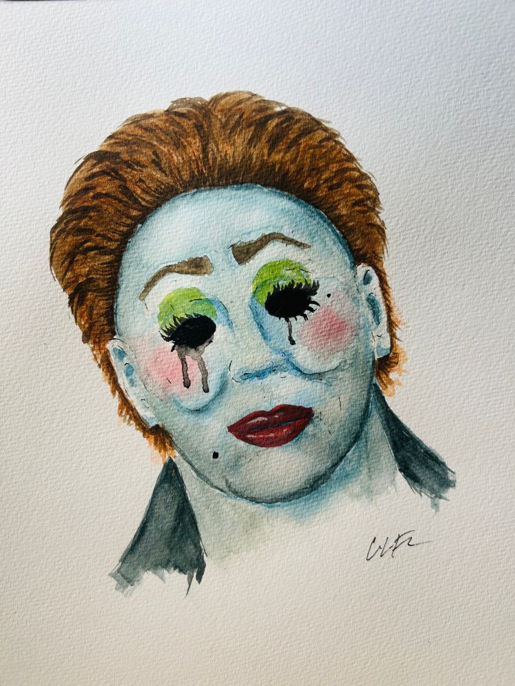 A dragged out version of Michael Myers cries mascara-soaked tears in this watercolor painting.