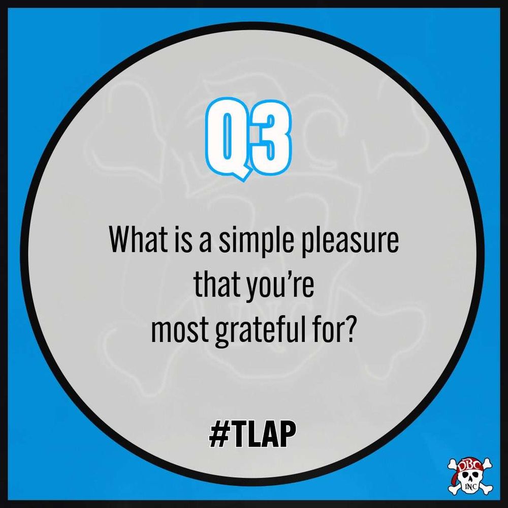 Graphic image of question 3 of #tlap chat as written in post inside a silver circle on a sky blue background