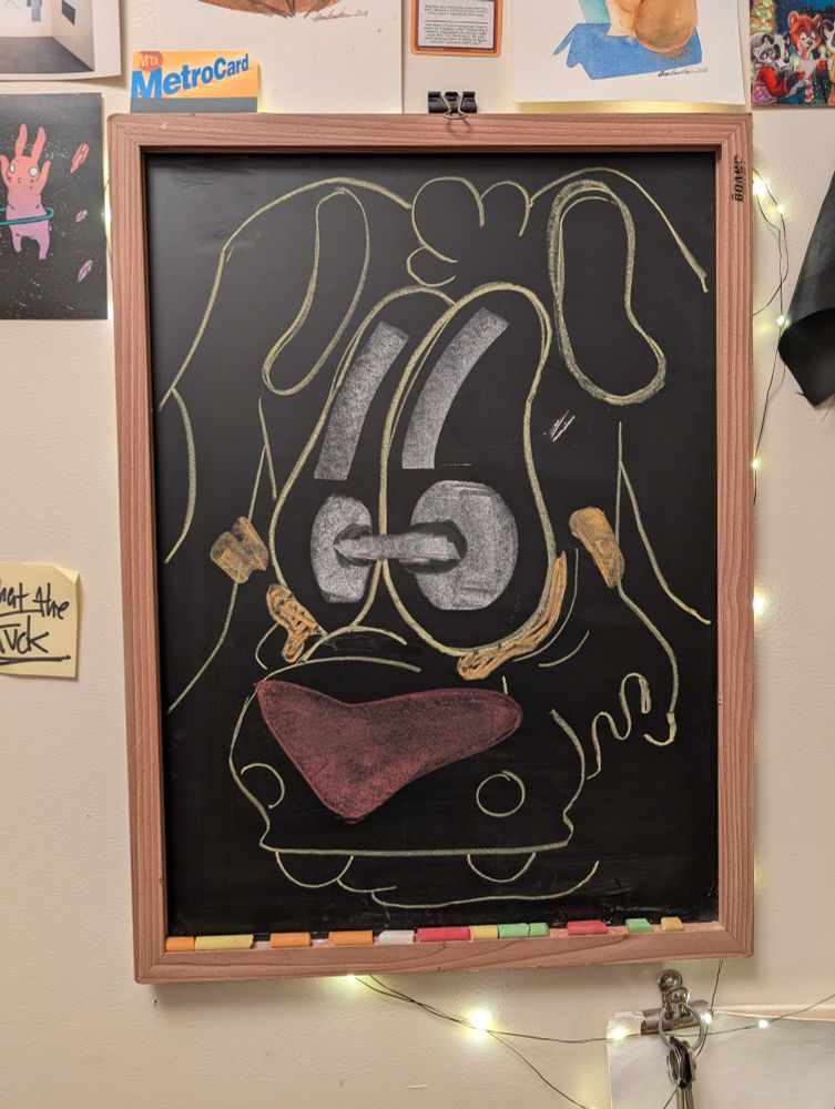 a chalk drawing of an indeterminate cartoon animal grimacing