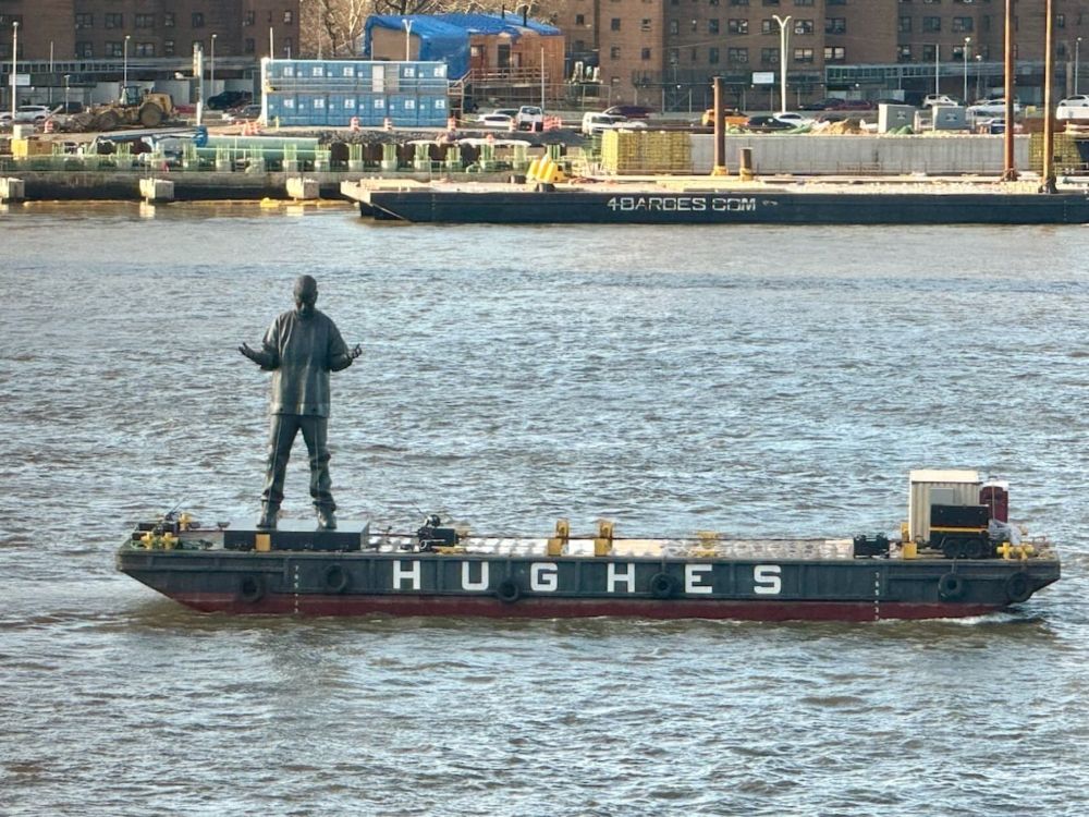 A Giant Statue of Kid Cudi Appeared on the East River in New York City to Promote His New Album "INS...