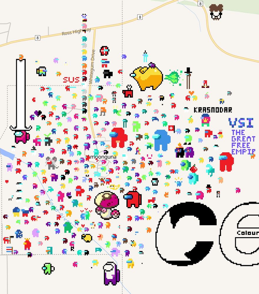 Amoonguna, Australia in https://wplace.live/

people have drawn a zillion little amongus guys over it