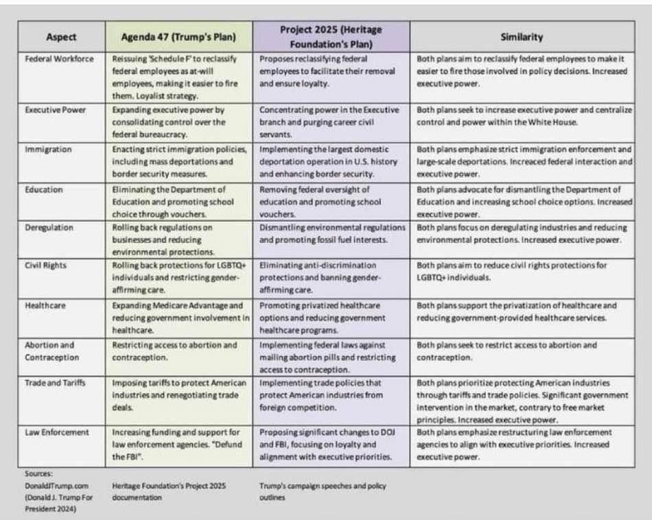 Chart comparison of project2025 and Trumps plans prior to taking office.