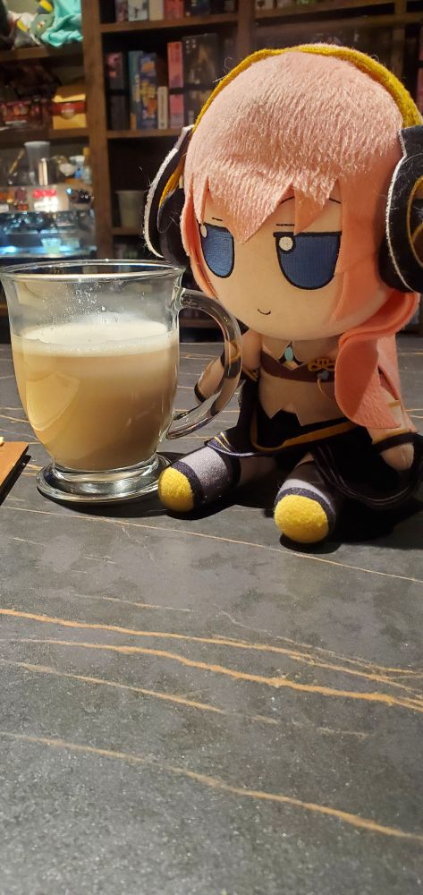 Megurine Luka Fumo with a chai latte. 