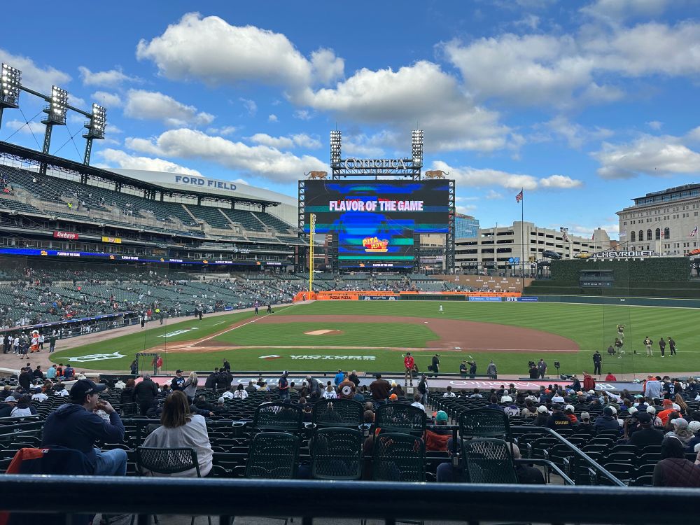 View of the field and scoreboard at Comerica Park from the Tiger Den section 112, row 1, seat A.