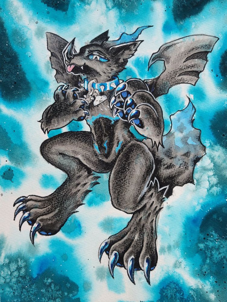 A black dragon-bat-wolf Zekrom (a Pokémon) is floating in front of a watercolor background reminiscent of lightning. It is reaching out it's paw towards you and playing with its collar.