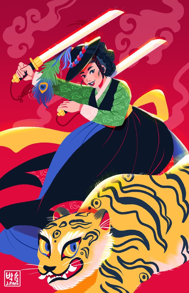 A girl in hanbok doing a traditional sword dance. A traditional minhwa-style tiger is in the foreground. There are clouds over a red background.