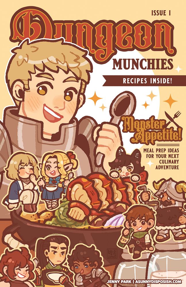 Poster  in the style of a magazine cover with characters from the anime Delicious in Dungeon. A blond man in armor is in the background holding a spoon. In the foreground, various characters are interacting with food on a table. Featured in the center of the table is a hotpot. Text reads "Dungeon Munchies: Recipes Inside!" and "Monster Appetite: Meal Prep Ideas For Your Next Culinary Adventure". 