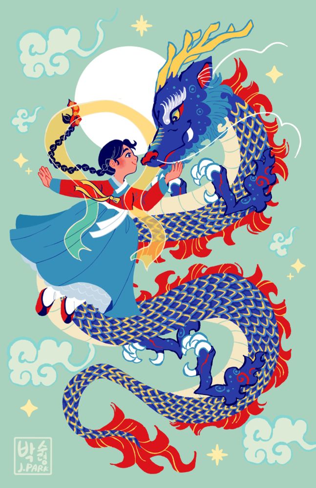 A girl in red and blue hanbok floating in air next to a blue Asian dragon. There are clouds and stars over a teal background. 