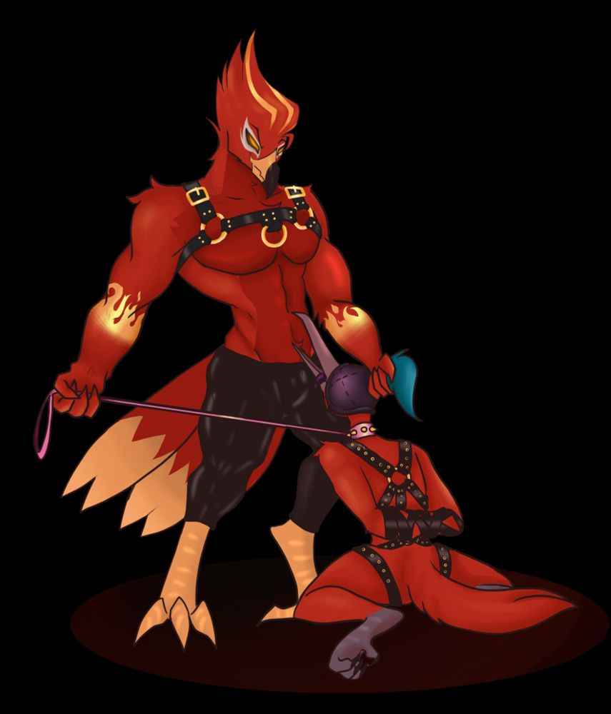 Digital drawing of an anthropomorphic twink red ibis on his knees wearing a BDSM et falconery hood and in bondage. His "hair" and leash being pulled roughly pulled by a muscular phoenix looking down at him, wearing some tight leather pants and a harness.