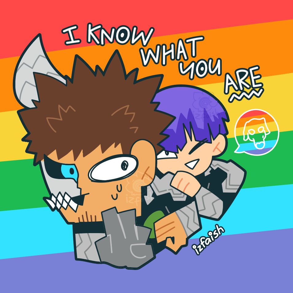 A partially transformed Kafka is nervously turned away from Hoshina, who looks deviously curious. Text above reads 'I know what you are' and the speech bubble beside Hoshina has the outline of the homophobic dog meme. Both the speech bubble and background have a rainbow pattern.