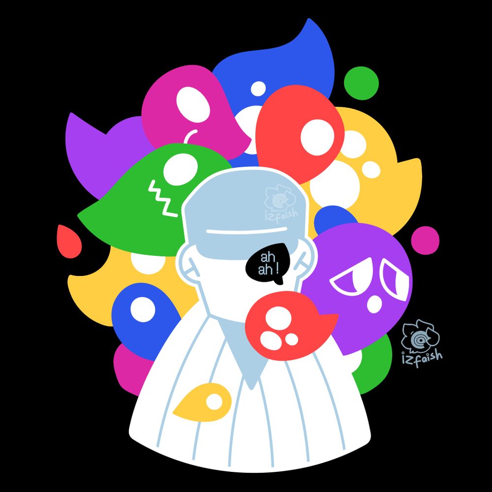 The Batter from the game OFF in white and light blue. Behind him is a group of specters in rainbow colors. A ghost in front of the Batter has the speech bubble that says 'ah ah!'