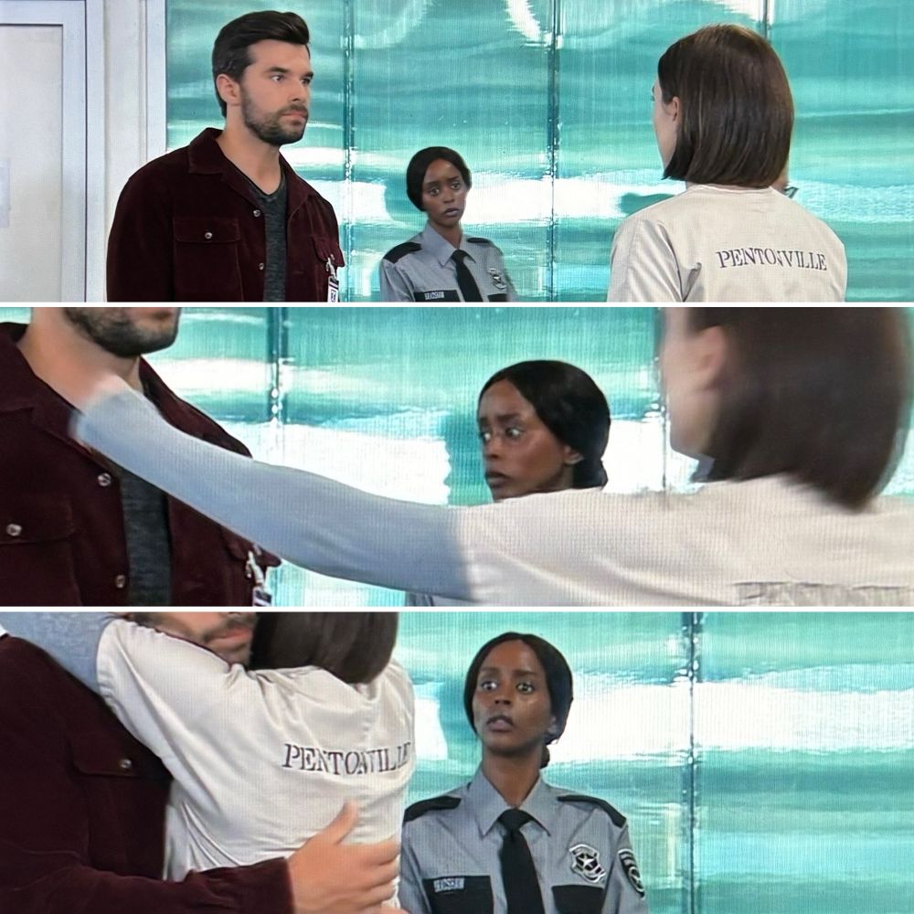 A collage of three images. Each image has the same three people: a bearded man and two women, one white, one Black. 