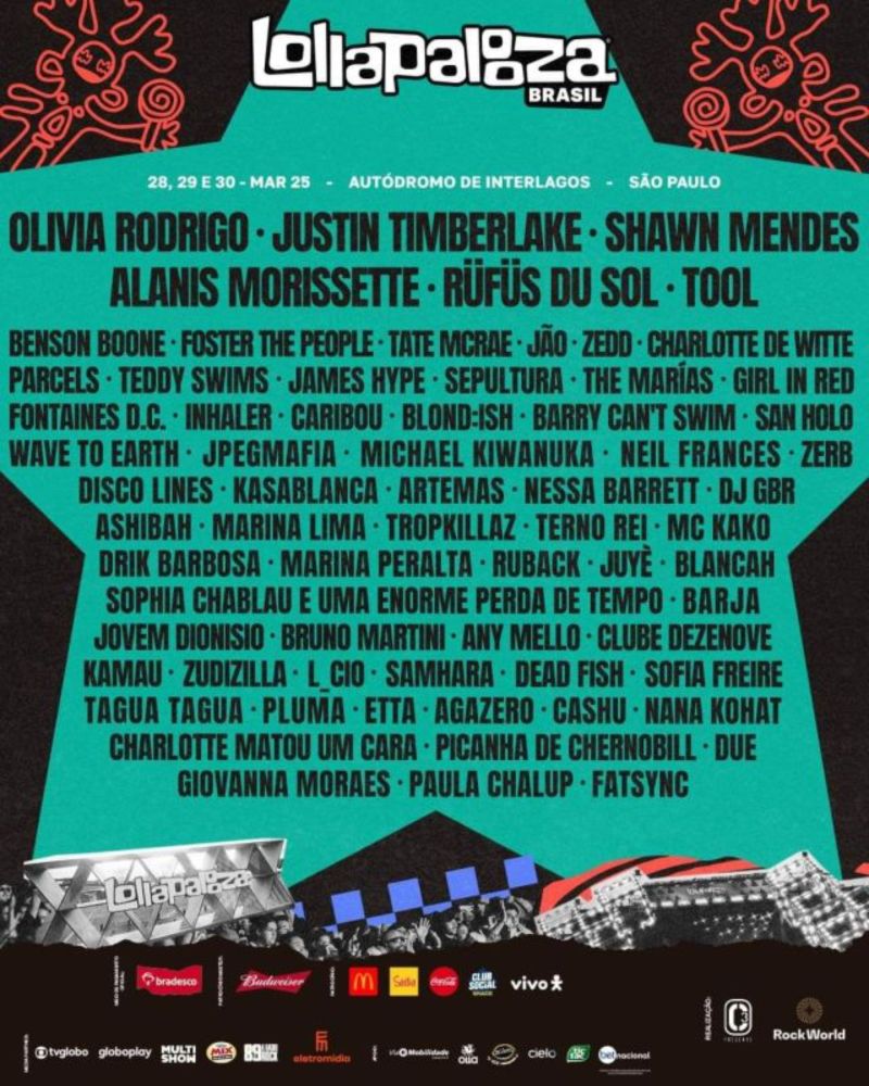 Lollapalooza anuncia line-up de 2025 com Alanis Morissette, Tool, Sepultura e Foster the People como destaques do rock