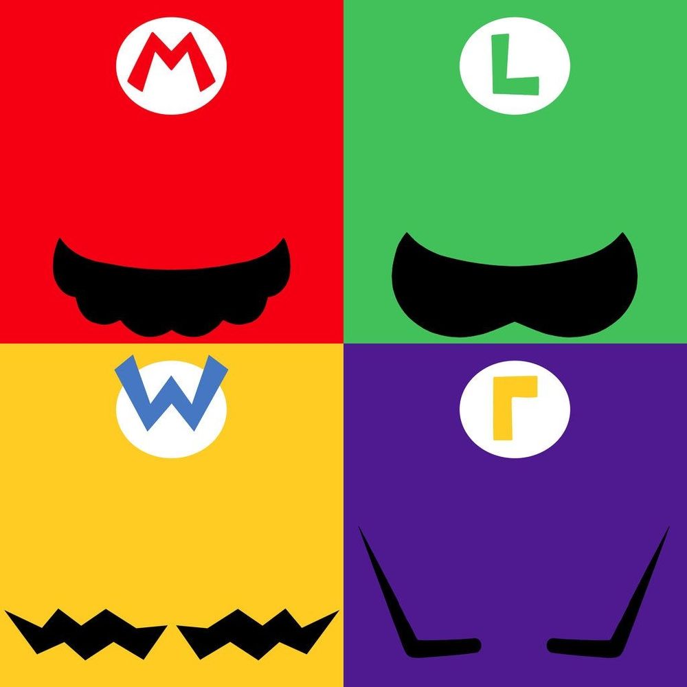 Emblems and mustaches for Mario in red Luigi in green Wario in yellow and Waluigi in majestic and styling purple. Wario's w os blue and Waluigi is an upside down L in yellow. 