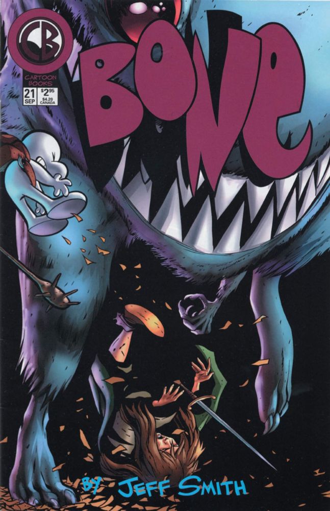 Bone by Jeff Smith, bone a bone white character and human friend being sent flying by a furred monster with a huge toothy mouth. 