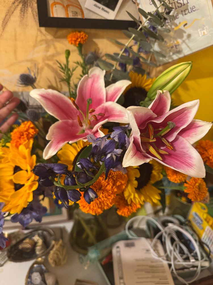 Sydette has sunflowers and lilies and blue things and marigolds and blue spike balls
